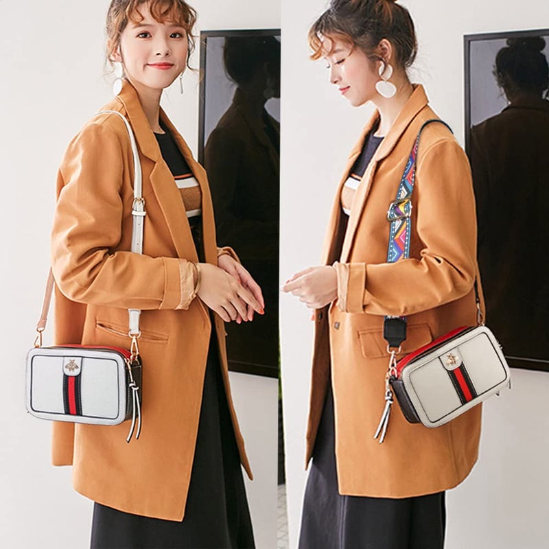 Beatfull Designer Crossbody Bag Bee Shoulder Purse for Women Trendy Wide Strap Camera Clutch PU Leather Handbag White - Image 5